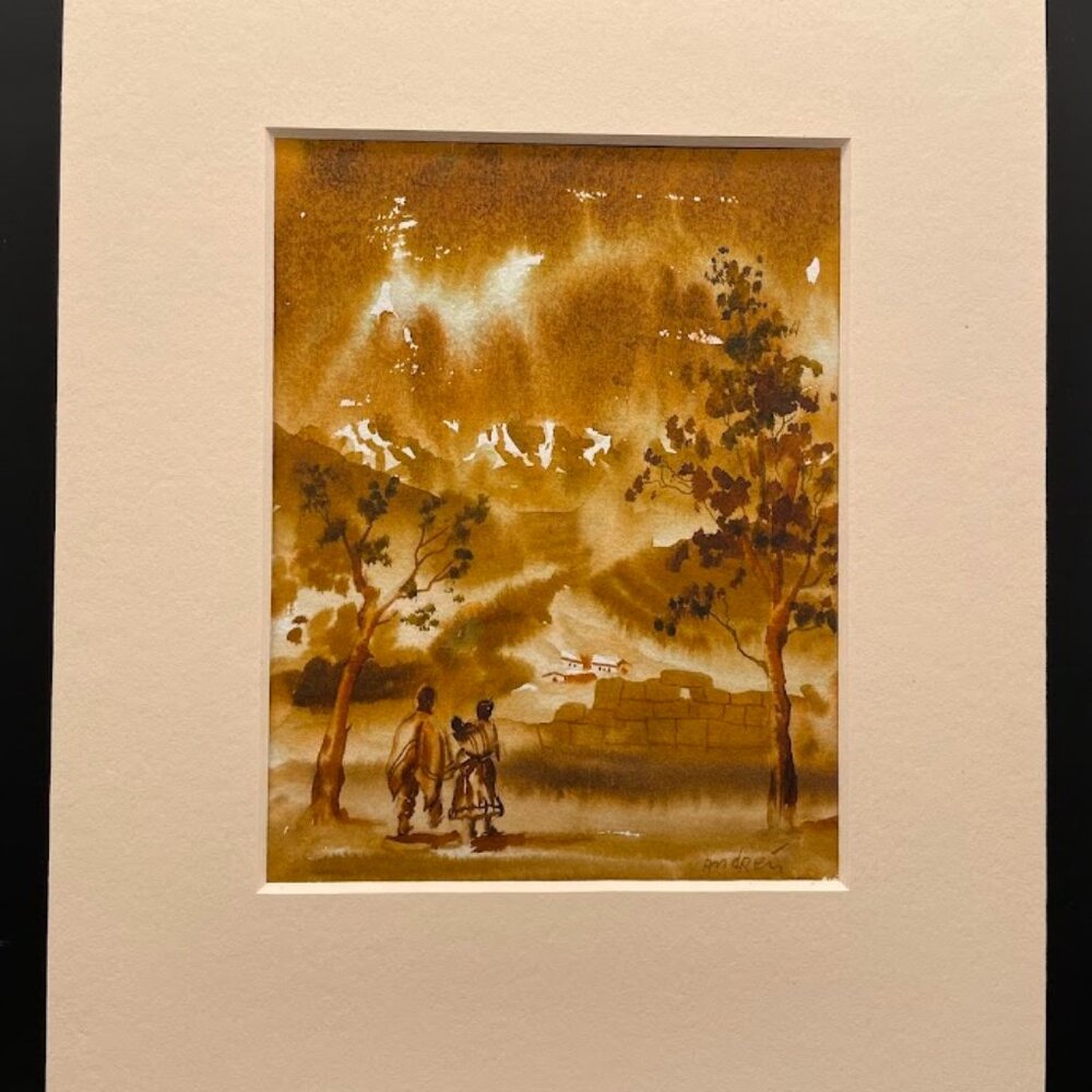 Small Coffee Watercolor Painting American Indian Family Walking Home Signed